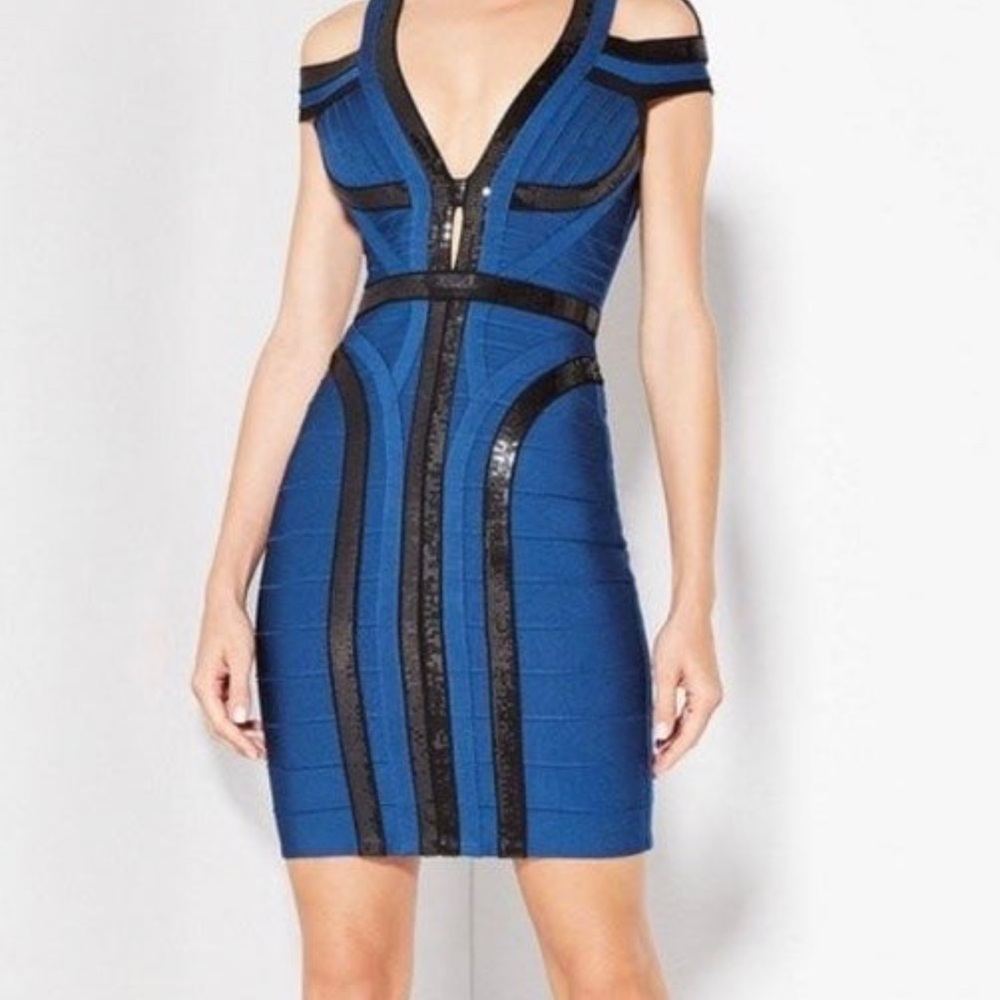 Herve Leger Navy Bandage Dress with Black Sequins S